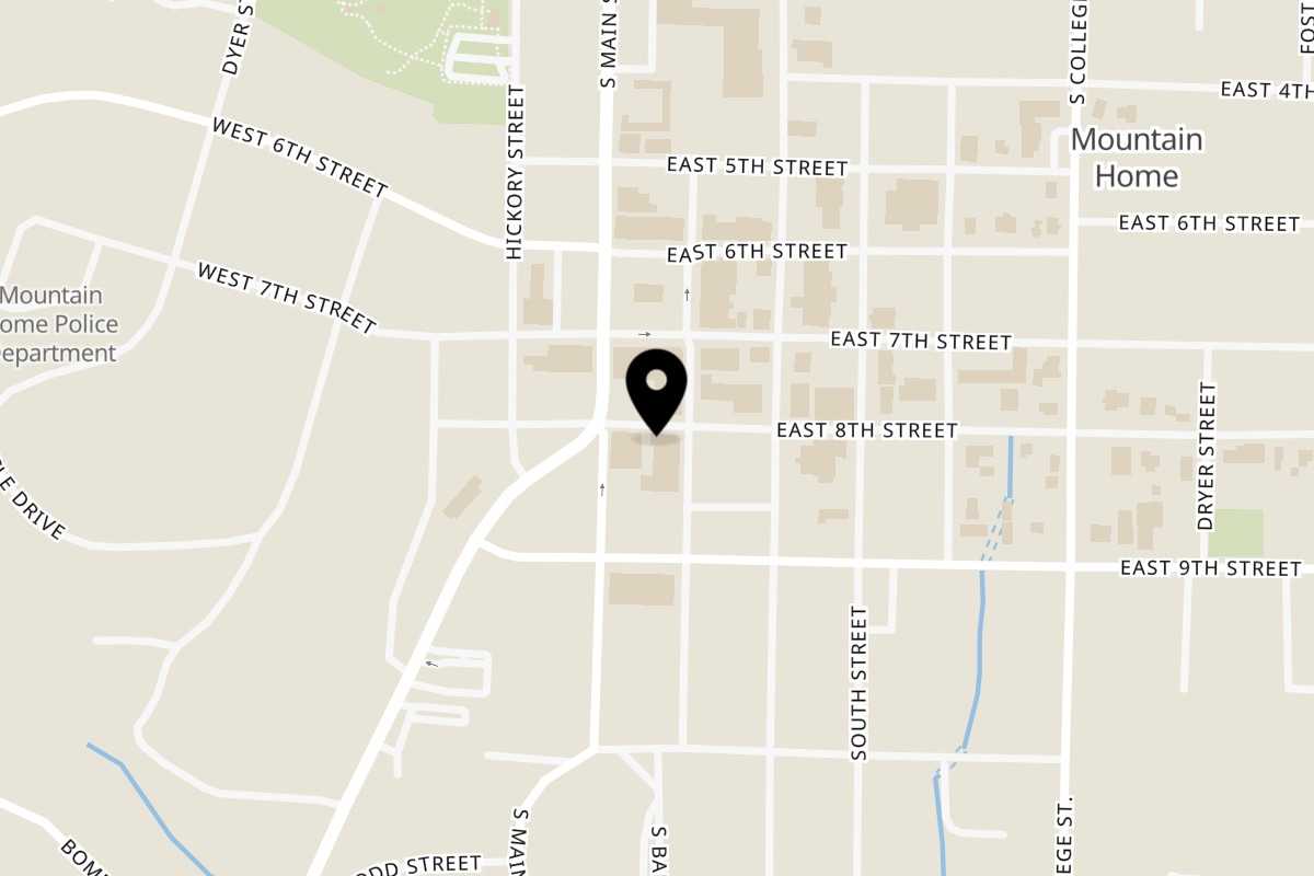 Map showing the location of Hutch-Creek Country Kitchen on 16 E 8th St in Mountain Home